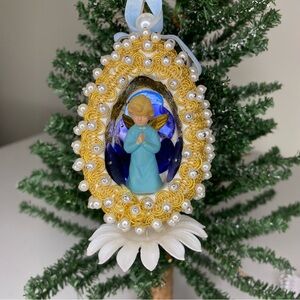 Vintage Angel Praying Christmas Ornament Push Pin Ribbon Beaded Handmade
